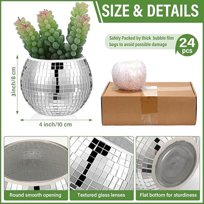 Jinei 24 Pcs Disco Vases Bulk Silver Mirror Disco Ball Flower Glass Ball Planter Candle Holder Glass Vase for Wedding Table Centerpieces Bedroom Office Birthday Decoration (3" X 4")