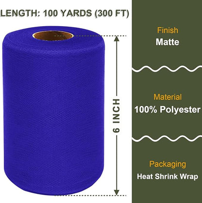 Royal Blue Tulle Fabric Roll 6 Inch X 300 FT (100 Yards) Matte Tulle Ribbon Netting Mesh Spool for DIY Tutu Skirt Wedding Bow Gift Wrapping Baby Shower Christmas Party Halloween Decorations