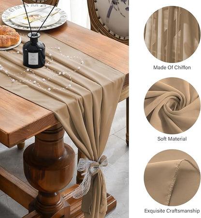 6 Pack 10 Ft Chiffon Table Runner Beige Gauze Long Table Runners 27x120 Inches Sheer Tulle Table Runner for Rustic Wedding Reception Bridal Shower Decorations Birthday Party