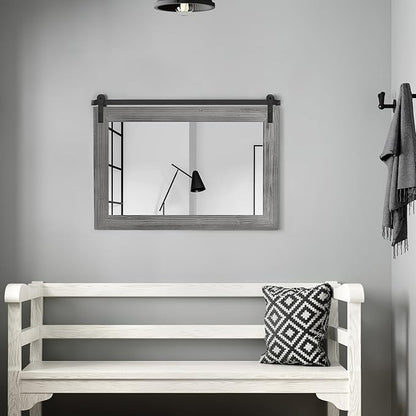 COGOOD Farmhouse Barn Door Mirror - 29" x 22" Rustic Wood Framed Wall Mirror for Bathroom, Living Room, Entryway Wall Decor (Grey)