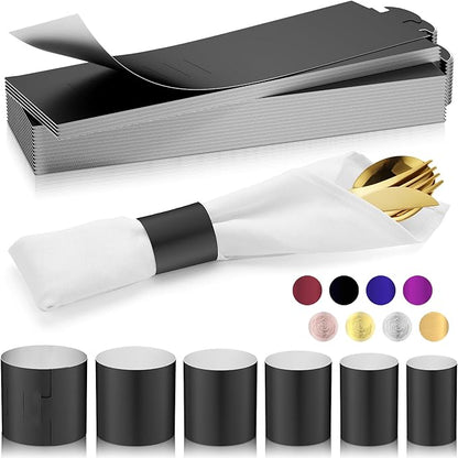 Polymer Material Reusable Napkin Band, Glue-Free Tear-Proof Water Resistant Oil-Proof Napkin Bands Set of 200(Front Black Color and Back White), 6 Adjustable Sizes Napkin Rings