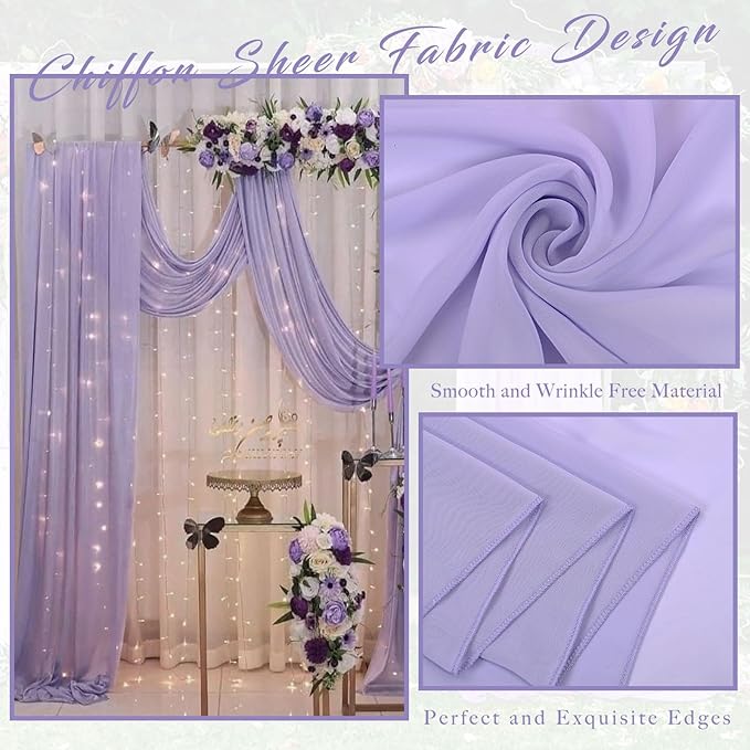 Wedding Arch Draping Fabric 4 Panels 20Ft Length x 28" Width Lilac Arch Drapes Chiffon Fabric Sheer Curtains Backdrop for Party Ceremony Wedding Ceiling Outdoor Indoor Stage Reception Decorations