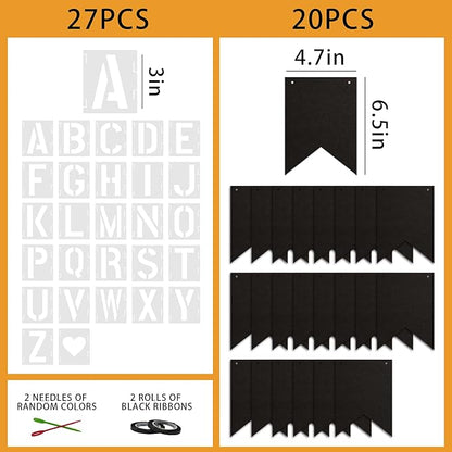 20 PCS Customizable Kraft Banner Set with Letters Stencil, Rustic DIY Party Decorations, Black Blank Banners Kit for Birthday Events