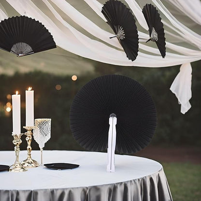 12 Packs Decorative Paper Folding Hand Fans Handheld,Black Round Foldable Wedding Fans Chinese and Japanese Fans Bulk for Bridal Guest Church Party Favors Dancing Birthday DIY