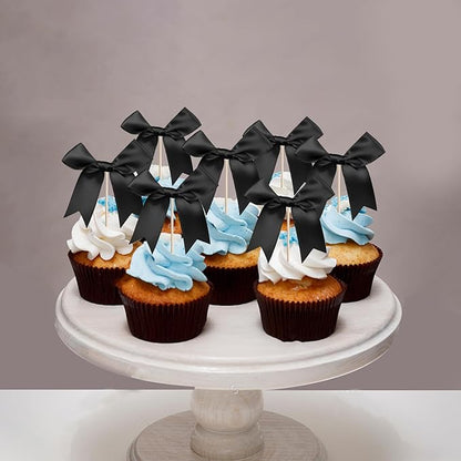24 PCS Bow Cupcake Toppers Bowknot Cake Toppers Bow Cupcake Picks Bowknot Birthday Party Decorations Bow Cake Dessert Picks for Wedding Bridal Engagement Baby Shower Birthday Party Supplies Black