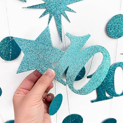 Teal Blue 10th Birthday Decorations Number 10 Circle Dot Star Garland Glitter Streamer Banner Backdrop for Girls Boys Double Digits Cheers to 10 Years Old Birthday 10th Anniversary Party Supplies