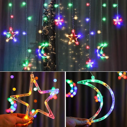 PUHONG Christmas String Lights, 138 LEDs Curtain Lights with 8 Light Modes, 11.48FT Star Moon Indoor Outdoor Fairy String for Window, Bedroom, Wall, Home, Ramadan, Christmas Decoration - Multicolored
