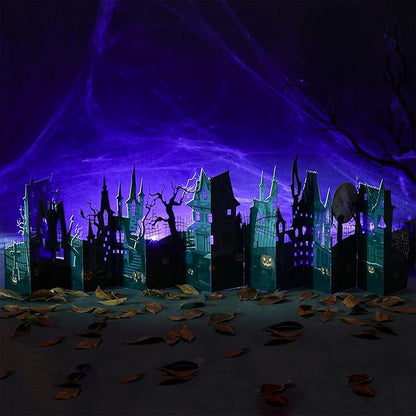 Geyoga Halloween Pop-up Card with 2 LED Lights 40" Halloween 3D Greeting Card Long Enchanted Eerie Village for Table Centerpiece Party Decoration