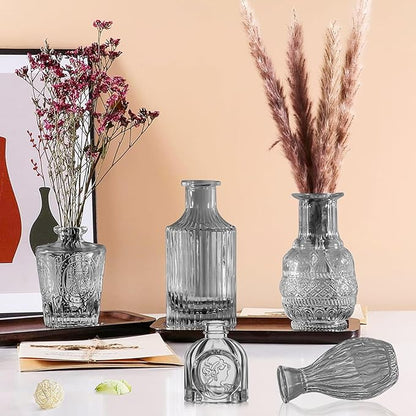 Dark Gray Bud Vases Set, 24 Pcs Vintage Small Vases for Flowers, Clear Crystal Mini Glasses in Bulk, Small Flower Design for Centerpieces Wedding Home Flower Party Decor