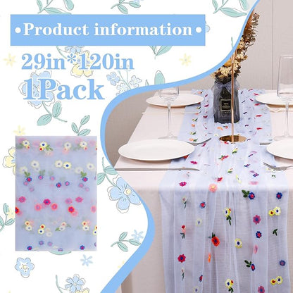 Blue Floral Table Runner 10 FT, Embroidery Daisy Table Runners Seasonal Sheer Tulle Table Runner for Thanksgiving Wedding Birthday Baby Shower Party ﻿