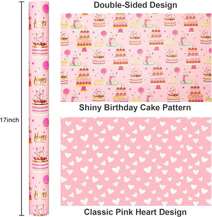 Yarcony Girls Birthday Wrapping Paper Roll, Pink Gift Wrapping Paper,Metallic Foil Pink Cartoon-Style Birthday Cakes Gift Wrap for Kid Party,Baby Shower,Wedding, Holiday,Christmas(17 Inch X 33 Feet)