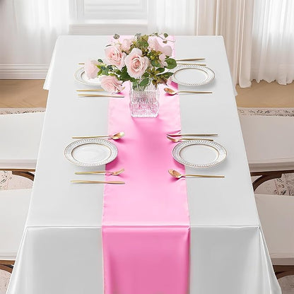 SHEJIZE 20 Pack Pink Satin Table Runner 12x108 Inches Long, Bright Silky Smooth Satin Table Runner Table Decor for Wedding Banquet Christmas Prom Event Birthday Party