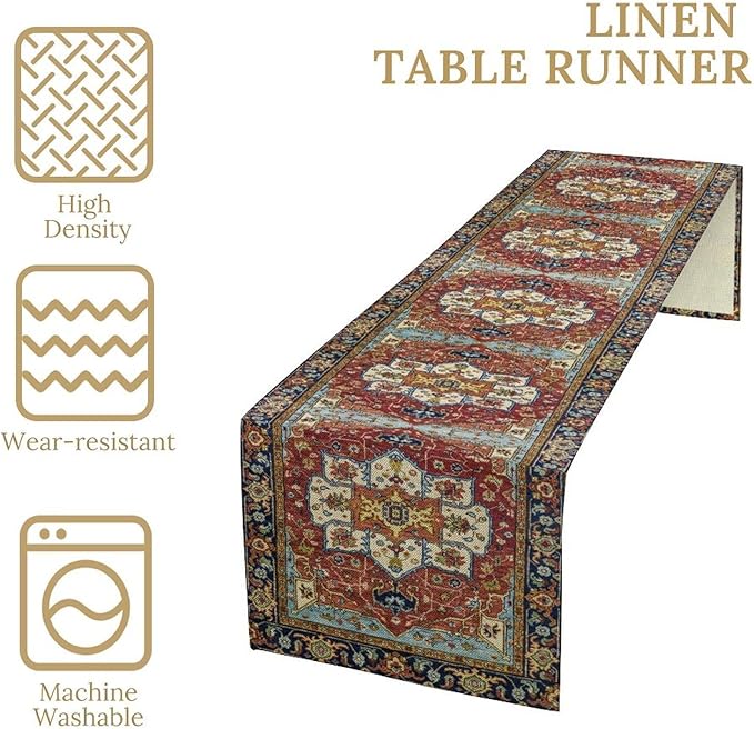 Vintage Boho Floral Table Runner, Rustic Country Farmhouse Red Blue Gold Retro Flower Pattern for Home Kitchen Table Decor Dining Coffee Room Party Decor 13x36in