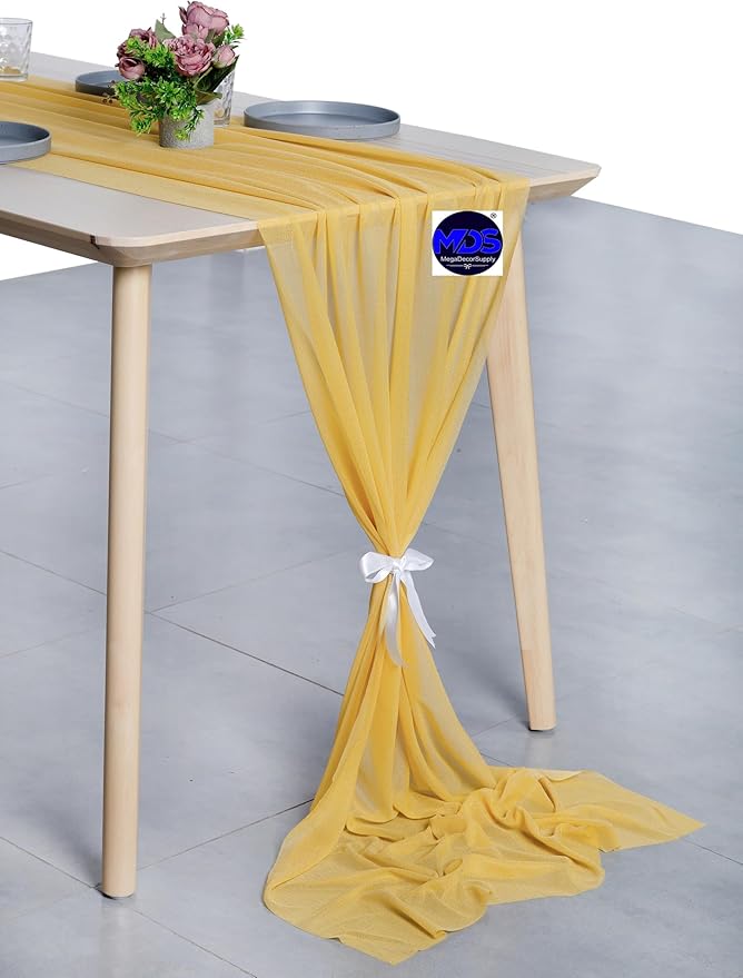 MDS 15 Pack 10ft Chiffon Table Runner 29 x 120 Inches Sheer Wedding Runner Romantic Rustic Table Runner for Wedding Decorations, Birthday Parties, Bridal Shower Party Arch Decor - Gold