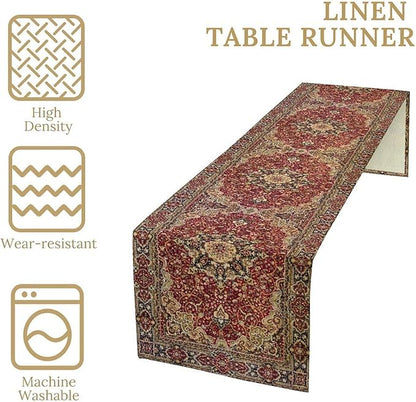 Vintage Boho Floral Table Runner, Rustic Country Farmhouse Red Gold Bohemia Flower Pattern for Home Kitchen Table Decor Dining Coffee Room Party Decor 13x90in