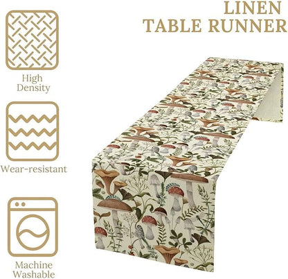 Mushroom Table Runner,Vintage Forest Flower Plant Print Table Runner for Kitchen Dining Table Home Party Decoration 13x60 Inch