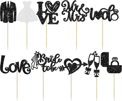 Ephlyn 30Pcs Bride to be Cupcake Toppers Glitter Wedding Cake Topper Decorations I Do Love Heart Ring Cupcake Picks for Bridal Shower Wedding Engagement Party Supplies Black