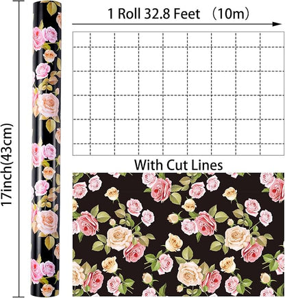 Ulmasinn Floral Wrapping Paper Roll - 17 Inches x 33 Feet - Vintage Romantic Pink Rose Flower Gift Wrap with Cut Lines for Wedding, Birthday, Bridal Shower, Mother’s Day