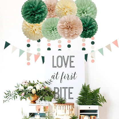 Olive-Sage Green Champagne-Gold Party Decorations - 23pcs Rustic Wedding Tissue Pom Poms Streamers, Boho Bachelorette Neutral Baby Shower Birthday Bridal Decor Ouruola