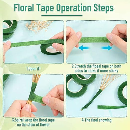 PAXCOO Floral Tape and Wire, Florist Tape and Flower Wire Arrangement Kit with White Ribbon, Boutonniere Pin, Wire Cutter for Bouquets, Crafts, Wreath Making (Dark Green)