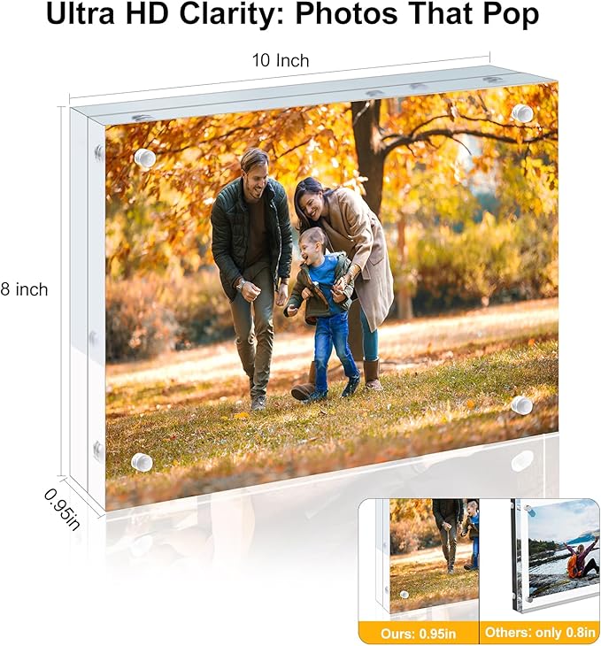 3 Pack 8x10 Acrylic Picture Frames - 20% Thicker Double Sided Magnetic Frame with UV Protection - Freestanding Clear Frameless Display for Tabletops - Modern Photo Frame Set for Home & Office Decor