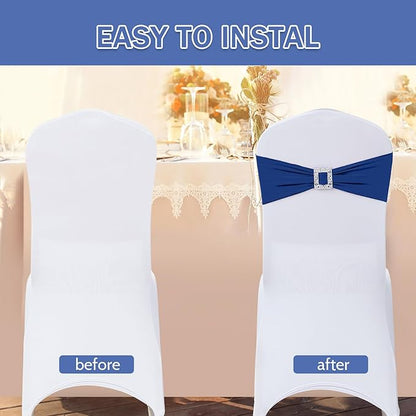 Joccun 120 PCS Spandex Chair Sashes Bows Stretch Chair Cover Band with Buckle Slider Universal Elastic Chair Ties for Wedding Banquet Party Event Decoration (Navy)