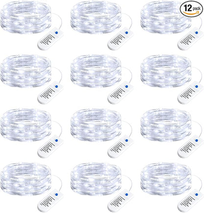 Minetom 12 Pack Fairy Lights Battery Operated String Lights, 8 Modes & Timer, 7ft 20LED White Waterproof Silver Wire Twinkle Lights, Firefly Starry Moon Lights for Mason Jars DIY Christmas Wedding