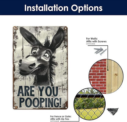 Funny Donkey "Are You Pooping?" Tin Sign - Vintage Bathroom Wall Décor, 8x12 Inches, Humorous Metal Sign for Indoor & Outdoor Use, Farmhouse-Style Wa