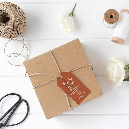 Andaz Press 100-Pack Personalized Thank You for Celebrating with Us Wedding Favor Tags with Bakers Twine Terracotta Line Design Custom Cardstock Wedding Gift Tags for Party Favors 2 x 3.75-Inches