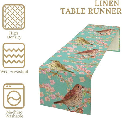 Table Runner with Flowers and Birds, Spring Plant Flowers Table Decoration Linen Table Runner Family Party Party Decorations 13x70 Inches