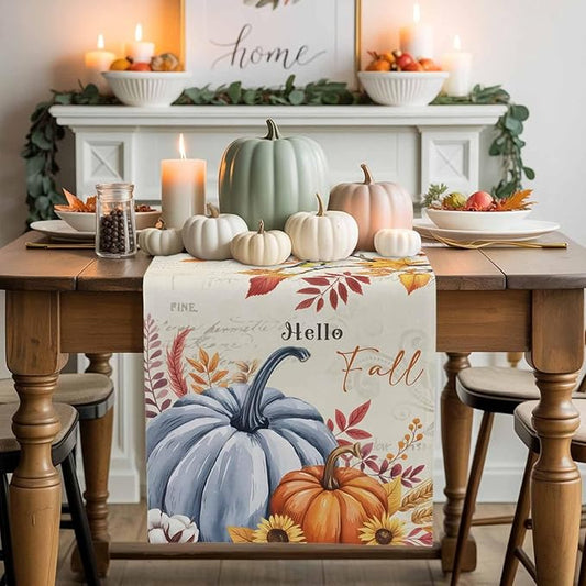Thanksgiving Fall Cotton Linen Table Runner for Dining Kitchen, Blue Pumpkins Rustic Wedding Outdoor Party Autumn Tablerunners Decoration, Leaves Dresser Scarf Coffee Tablecloth Runners 13x36 Inches
