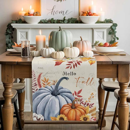 Thanksgiving Fall Cotton Linen Table Runner for Dining Kitchen, Blue Pumpkins Rustic Wedding Outdoor Party Autumn Tablerunners Decoration, Leaves Dresser Scarf Coffee Tablecloth Runners 13x72 Inches
