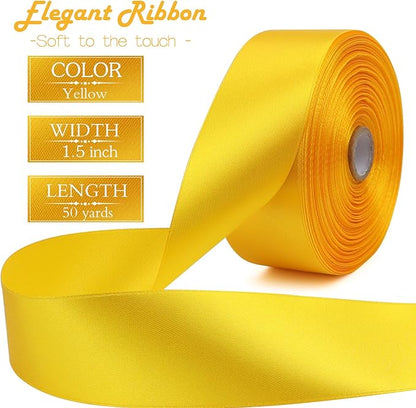 Yellow Solid Satin Ribbon 1-1/2 Inch 50 Yards Solid Polyester Fabric Ribbon for Gift Wrapping Wedding Christmas Baby Shower Birthday Party Decoration Handmade Immortal Flower Craft