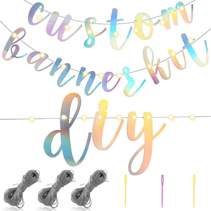 TaoBary 167 Pcs DIY Banner Kit Happy Birthday Glitter Banner Customizable Glitter Make Your Own Kit 162 Letters Symbols and Numbers 3 Rope for Birthday Halloween Wedding Christmas(Holographic)