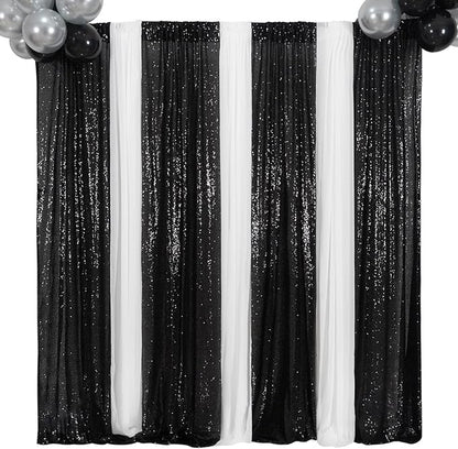 Poise3EHome 2ft x 8ft Black Sequin Photography Backdrop Curtains 2 Panels for Party Decoration, Black