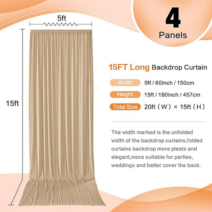 20ft x 15ft Beige Wrinkle Free Backdrop Curtains for Parties,Silky Polyester Fabric Wedding Ceiling Drapes, 4 Panels 15ft Photo Back Drop Drapes for Baby Shower Photography Stage Background Cloth