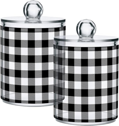 Gredecor Qtip Holder Dispenser 4 Pack Black White Classic Buffalo Plaid Apothecary Jars with Lids Bathroom Vanity Countertop Canister Storage Organizer for Cotton Ball,Swabs,Pads,Floss