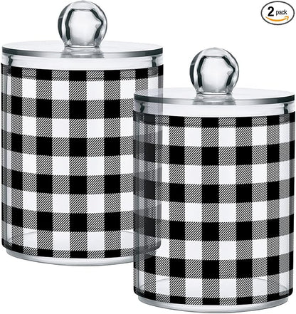 Gredecor Qtip Holder Dispenser 2 Pack Black White Classic Buffalo Plaid Bathroom Decorative Storage Canister Holder Counter Vanity Organizer for Cotton Ball Swabs Pads Floss