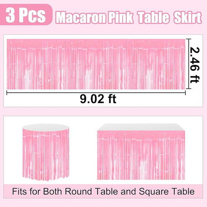 3 Pack 29 x108 Inch Macaron Pink Foil Fringe Table Skirts Metallic Banner for Tinsel Streamer Garland Backdrop for Parade Floats Wedding Thanksgiving Birthday Christmas New Year Party Decoration