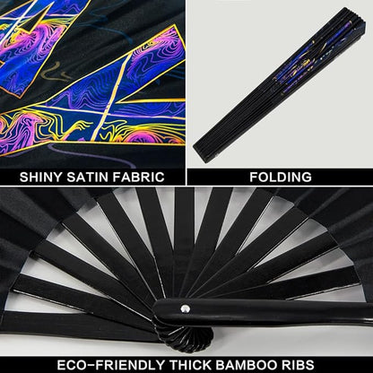 UV Glow Rave Fan, Bamboo Folding Clack Hand Fans Foldable for Men Women, Boots on the Ground Poping Fan for EDM Festival Line Dance Decoration, (Slay, Large 13")