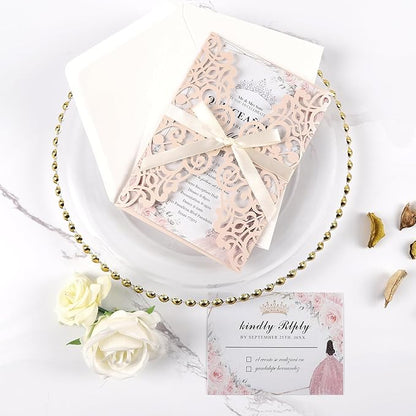 50pcs Blush Pink Wedding Invitations With Envelopes and Rsvp Cards 5x7 Inches Laser Cut Wedding Invitation Pockets for Bridal Shower QuinceañEra Engagement Birthday Invites