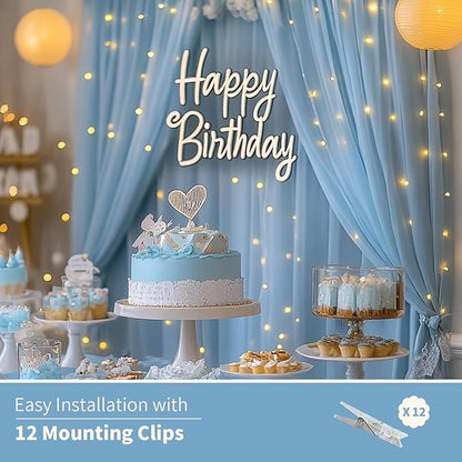 Baby Blue Tulle Backdrop Curtain with Lights String - 10x10ft Sheer Backdrop with 300 LEDs for Wedding, Baby Shower, Bridal Shower, Birthday Party Photo Shoot Background and Home Decorations