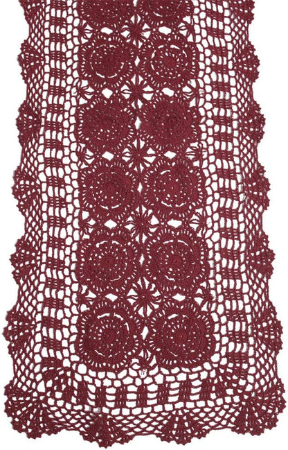 KEPSWET Cotton Handmade Crochet Lace Table Runner Wine Red Rectangle Coffee Table Dresser Decor (14x72 inch)