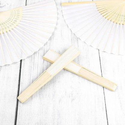 URATOT 24 Pieces White Folding Fans Silk Bamboo Folding Fans Handheld Fan for Wedding, Party Decoration