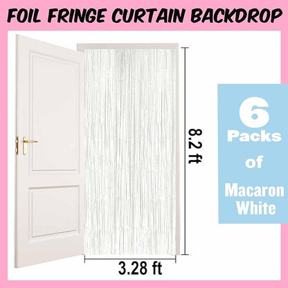 6 Pack Macaron White Foil Fringe Curtains Backdrop, 3.28 x 8.2 Ft Metallic Streamers Tinsel Curtains Background for Photo Booth, Birthday, Weddings, Carnivals, Graduation, Themed Party Decorations