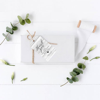 Andaz Press 100-Pack Personalized Thank You Tags with Bakers Twine - Gray Rustic Wood Custom Cardstock Wedding Gift Tags - 2 x 3.75-Inches