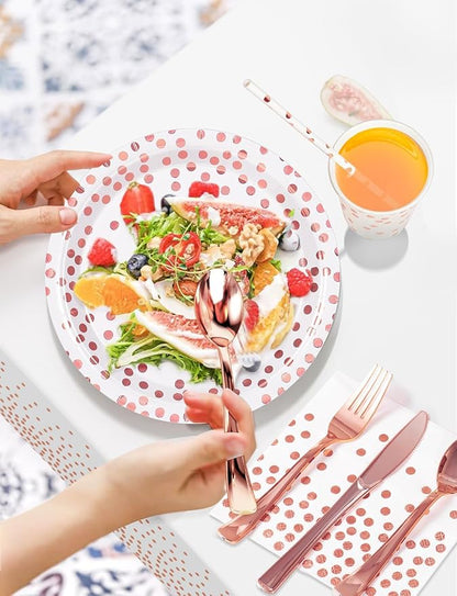 141 Pieces Rose Gold Party Supplies, Party Dinnerware Sets Include Paper Plates Napkins Cups Silverware, for Wedding Bridal Shower Engagement Birthday Parties Decoration -20 Serves