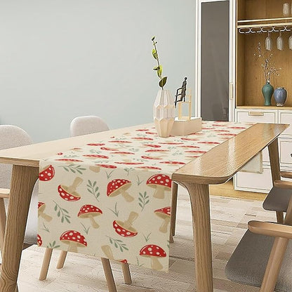 Mushroom Table Runner,Vintage Plant Print Table Runner for Kitchen Dining Table Home Party Decoration 13x120 Inch