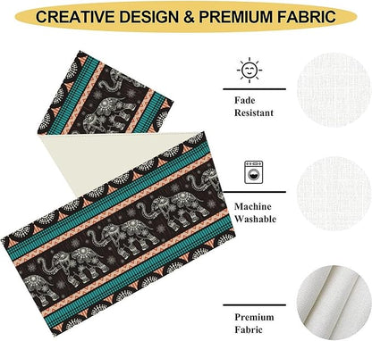 Boho Elephant Table Runner, Vintage Tribal Traditional Bohemian African Animals Ethnic Folk Table Center Decor for Home Kitchen Dining Patio Holiday Party Indoor Table Decorations, 13"x72" Inch