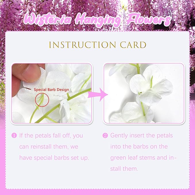 12 Pack Pink Wisteria Hanging Flowers, 3.44 Ft Fake Hanging Flowers, Artificial Wisteria Garland Vines for Wedding Room Backdrop Outdoor Patio Garden Decoration